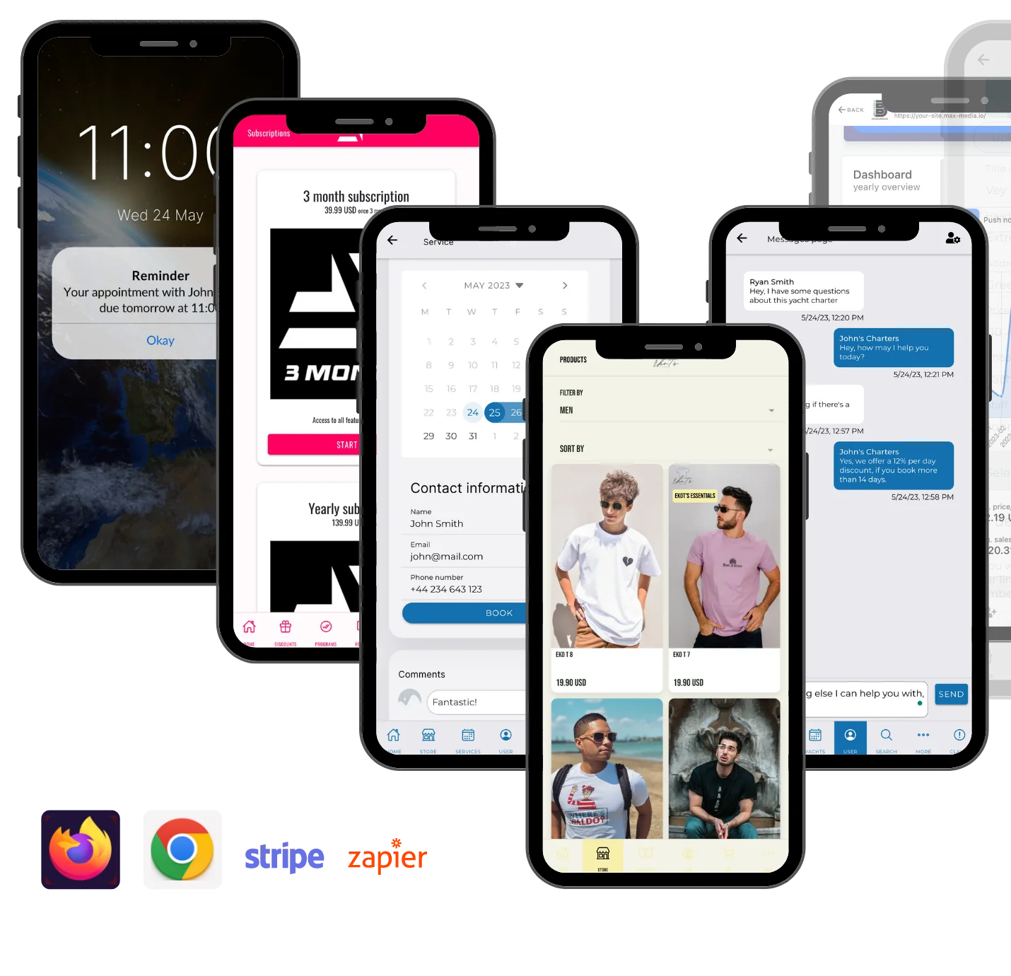 native iOS & Android mobile applications - push notification, subscriptions, calendar bookings, store, chat, admin dashboard, marketplace